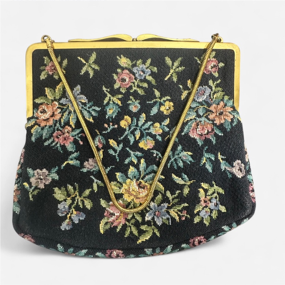 1950s Vintage Embroidered Floral Black Tapestry Clutch Purse